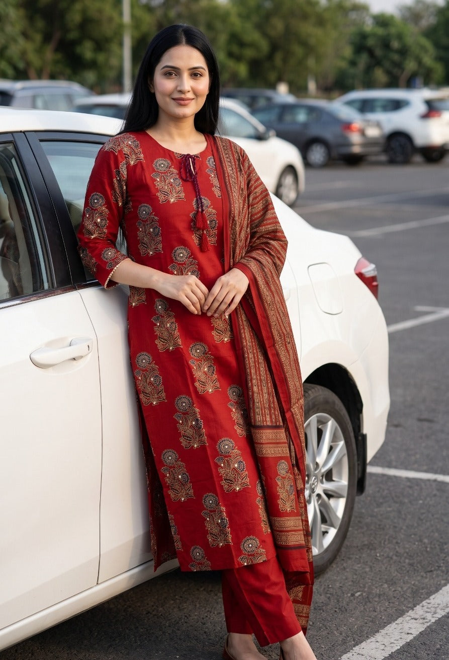 Pure Cotton Straight Fit Kurta Pant Dupatta Set | Maroon 3 Piece Ethnic Suit