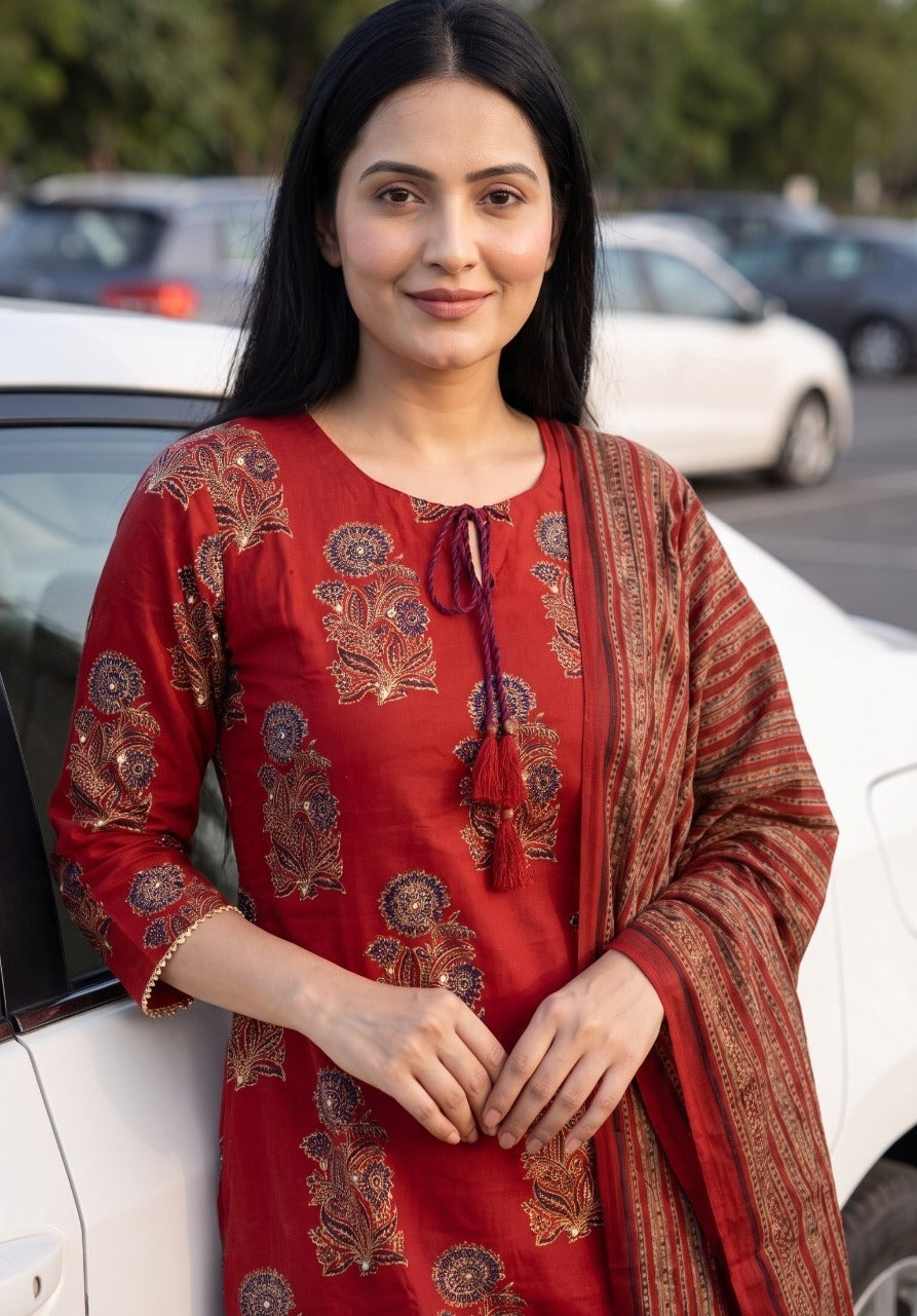 Pure Cotton Straight Fit Kurta Pant Dupatta Set | Maroon 3 Piece Ethnic Suit