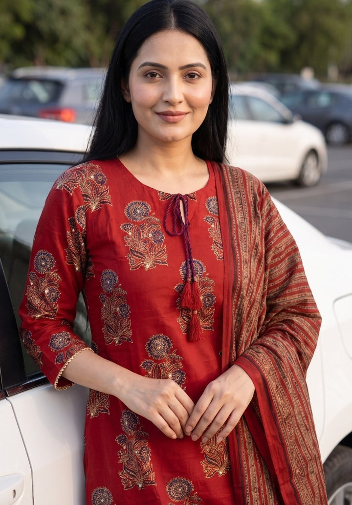 Pure Cotton Straight Fit Kurta Pant Dupatta Set | Maroon 3 Piece Ethnic Suit