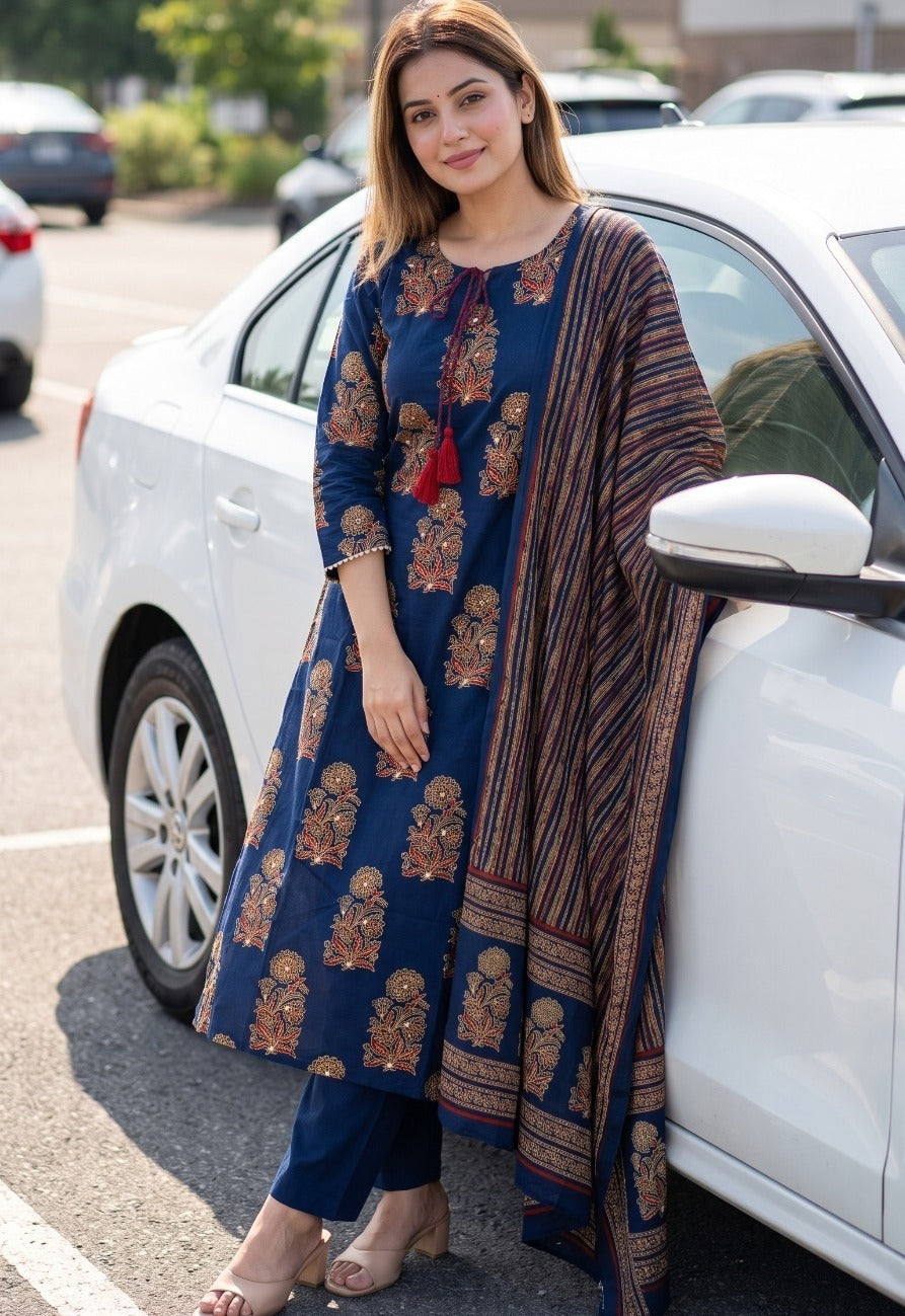 Pure Cotton Straight Fit Kurta Pant Dupatta Set | 3 Piece Ethnic Suit