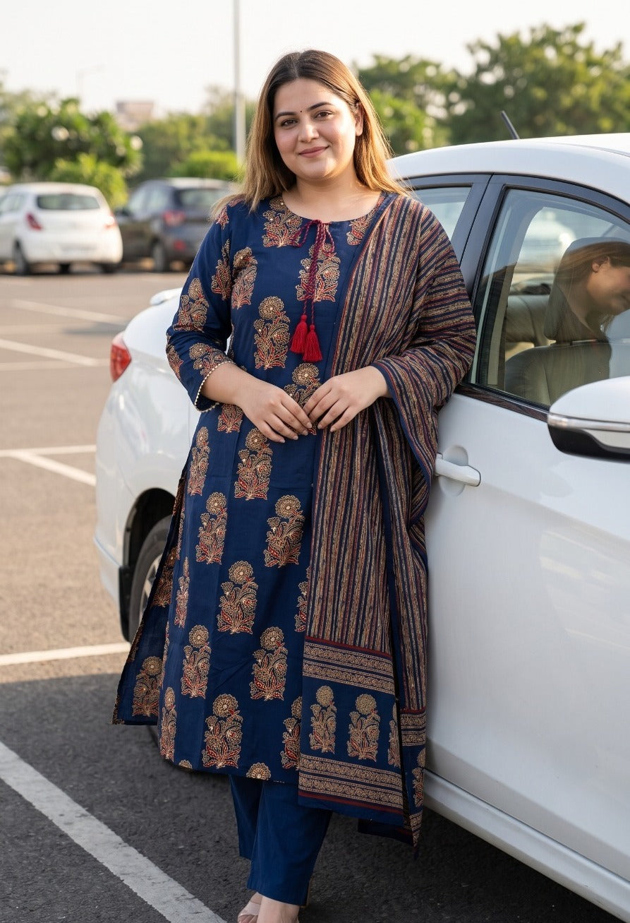 Pure Cotton Straight Fit Plus Size Kurta Pant Dupatta Set | 3 Piece Ethnic Suit