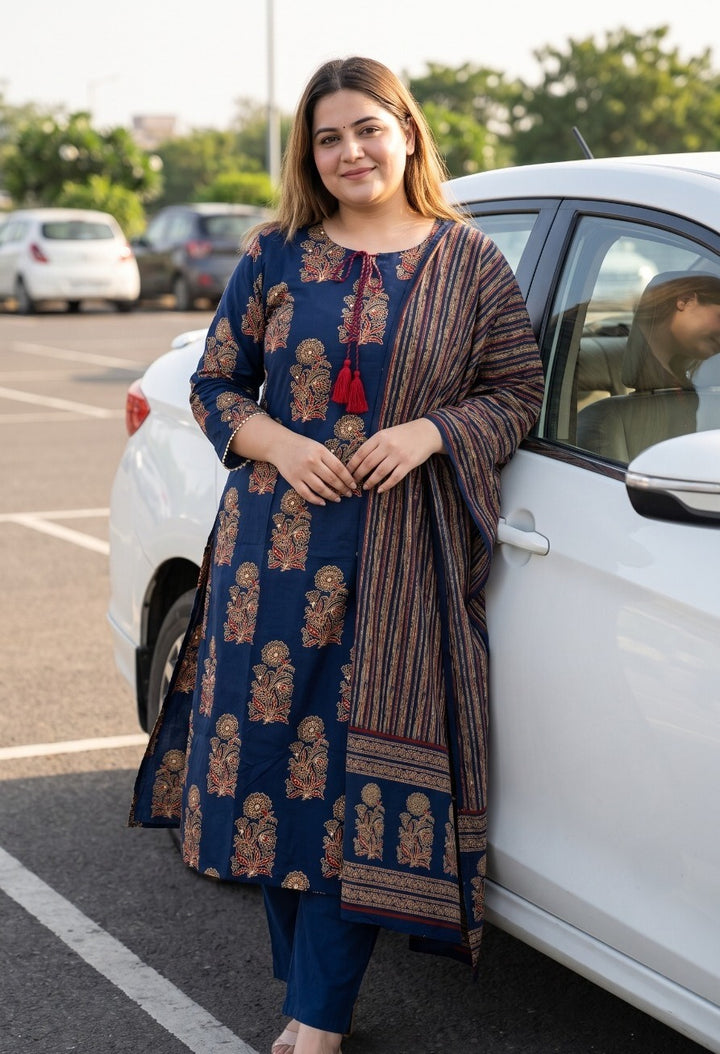 Pure Cotton Straight Fit Plus Size Kurta Pant Dupatta Set | 3 Piece Ethnic Suit