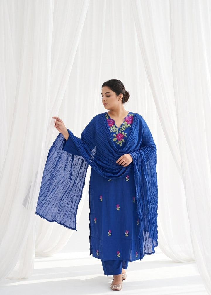 Royal Blue Pure Cotton Embroidered Plus Size 3-Piece Suit Set with Crushed Dupatta