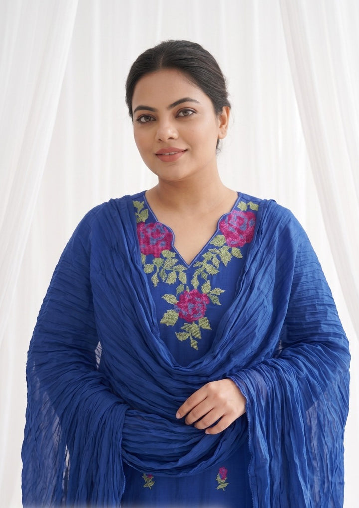 Royal Blue Pure Cotton Embroidered Plus Size 3-Piece Suit Set with Crushed Dupatta