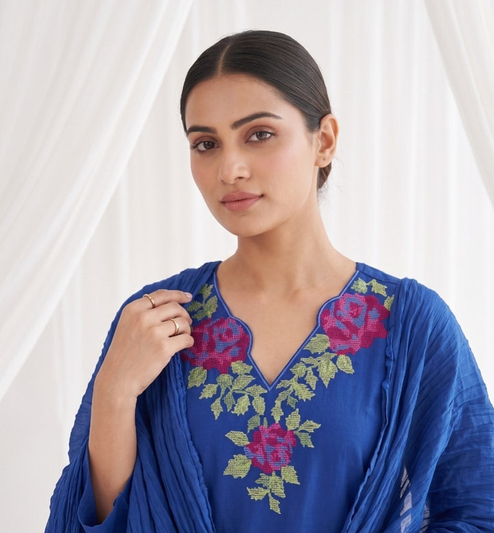 Royal Blue Pure Cotton Embroidered 3-Piece Suit Set with Crushed Dupatta