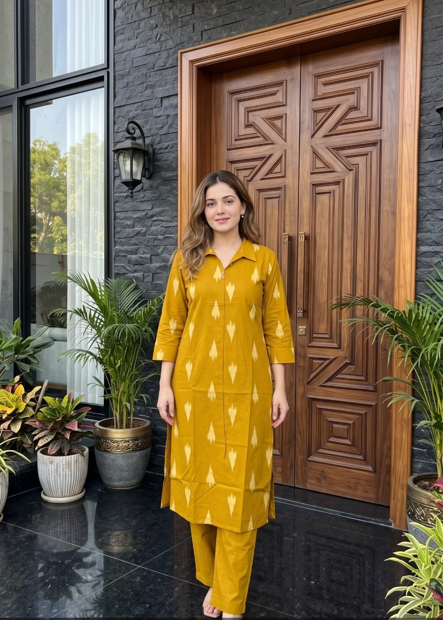 Pure Cotton A-Line 2-Piece Kurta Pant Set | Mustard | Casual Wear