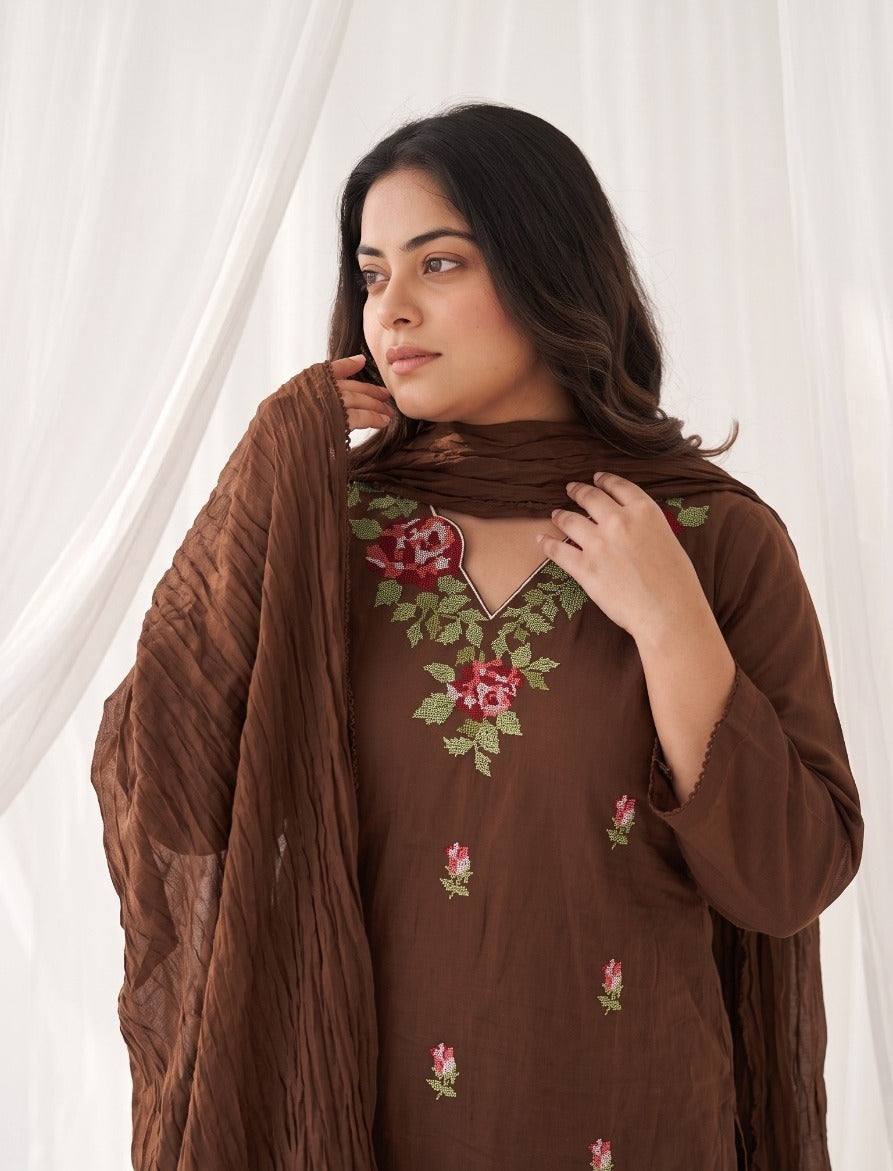 Chocolate Brown Pure Cotton Embroidered Plus Size 3-Piece Suit Set with Crushed Dupatta