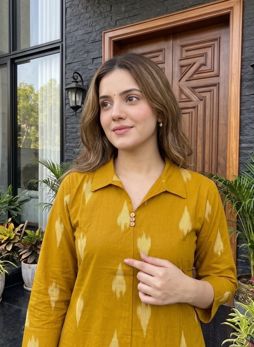 Pure Cotton A-Line 2-Piece Kurta Pant Set | Mustard | Casual Wear