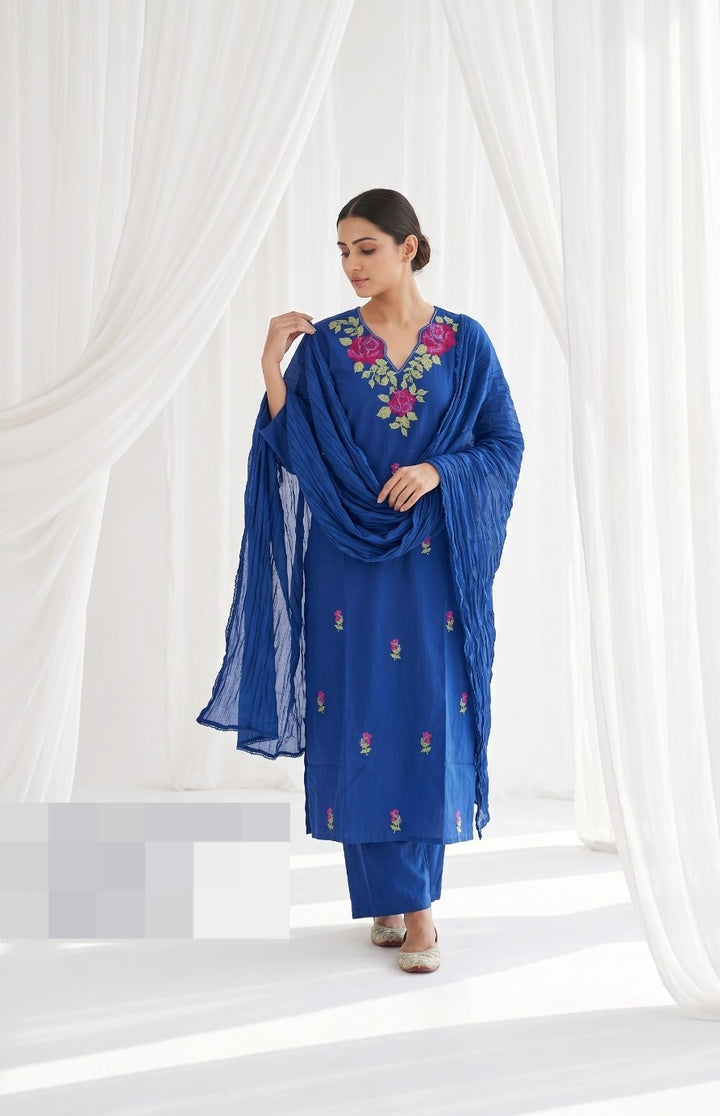 Royal Blue Pure Cotton Embroidered 3-Piece Suit Set with Crushed Dupatta