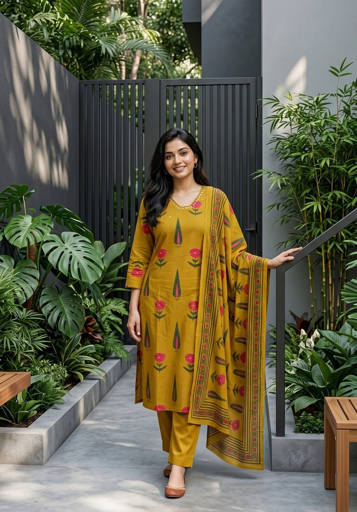 Pure Cotton Printed Kurta Pant Dupatta Set | 3 Piece Ethnic Suit Set | Casual & Daily Wear