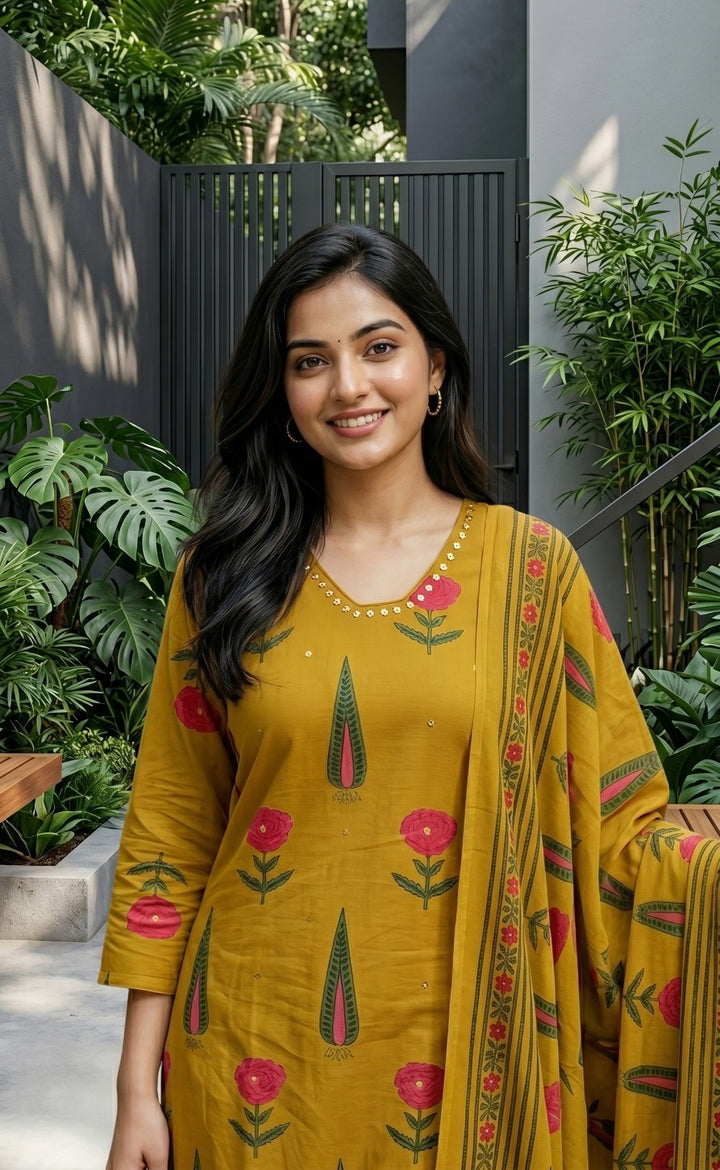 Pure Cotton Printed Kurta Pant Dupatta Set | 3 Piece Ethnic Suit Set | Casual & Daily Wear