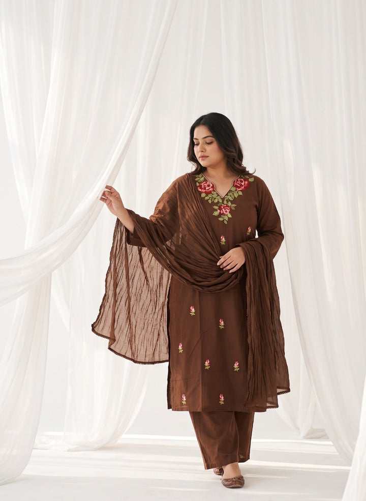 Chocolate Brown Pure Cotton Embroidered Plus Size 3-Piece Suit Set with Crushed Dupatta