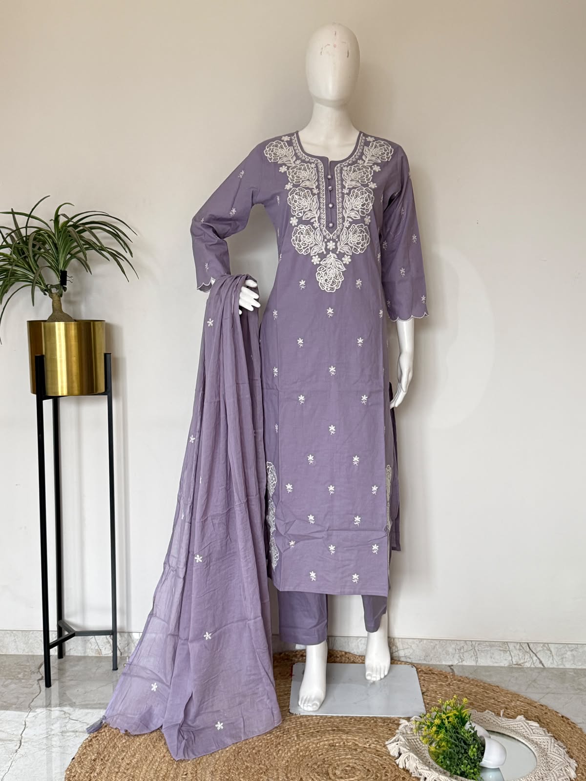 Pure Cotton Embroidered Straight Kurta 3-Piece Set with Dupatta – Lavender