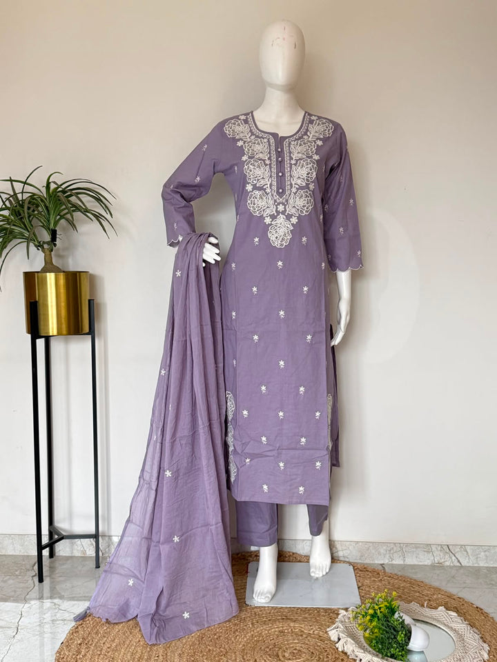 Pure Cotton Embroidered Straight Kurta 3-Piece Set with Dupatta – Lavender