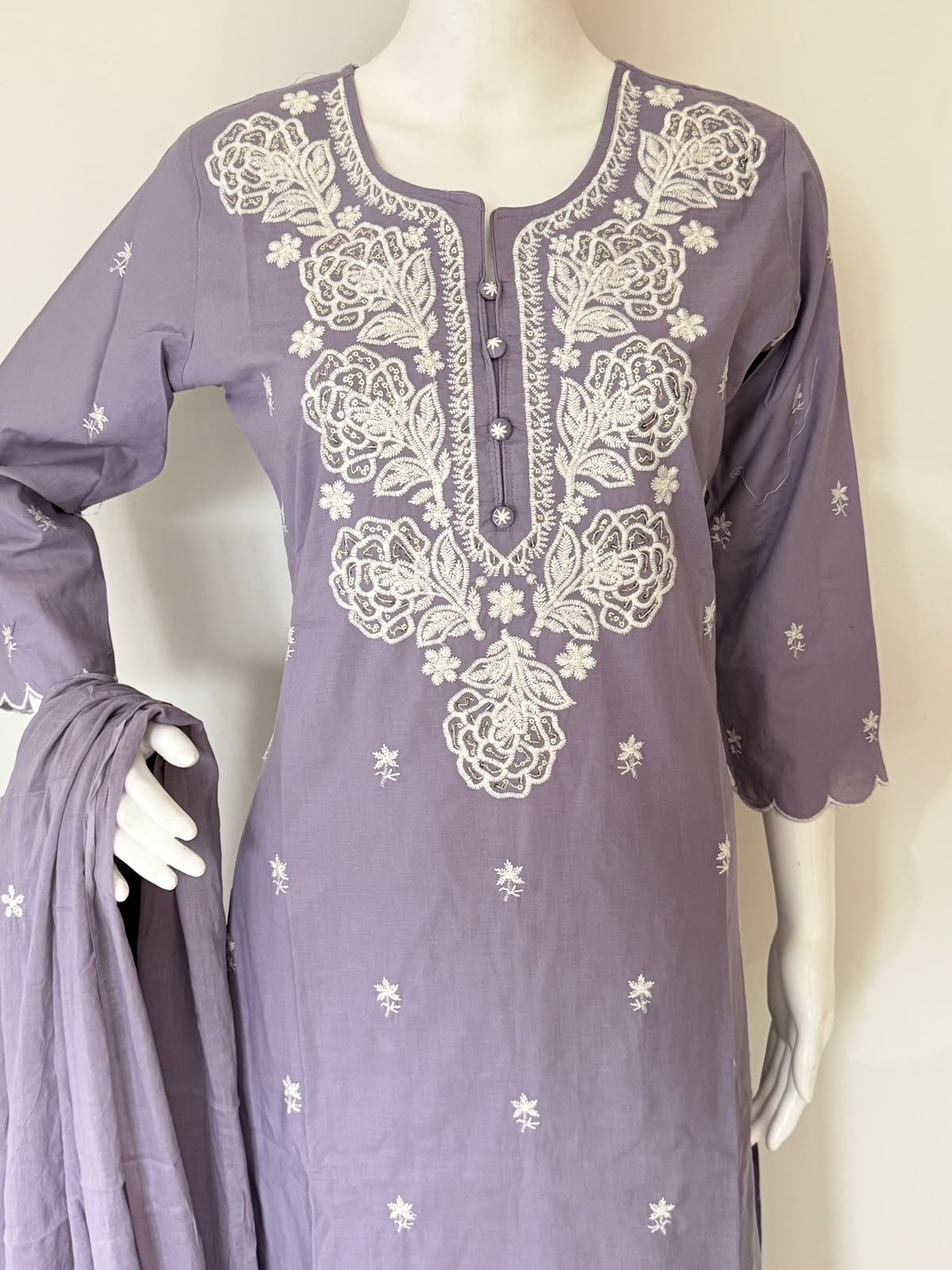 Pure Cotton Embroidered Straight Kurta 3-Piece Set with Dupatta – Lavender