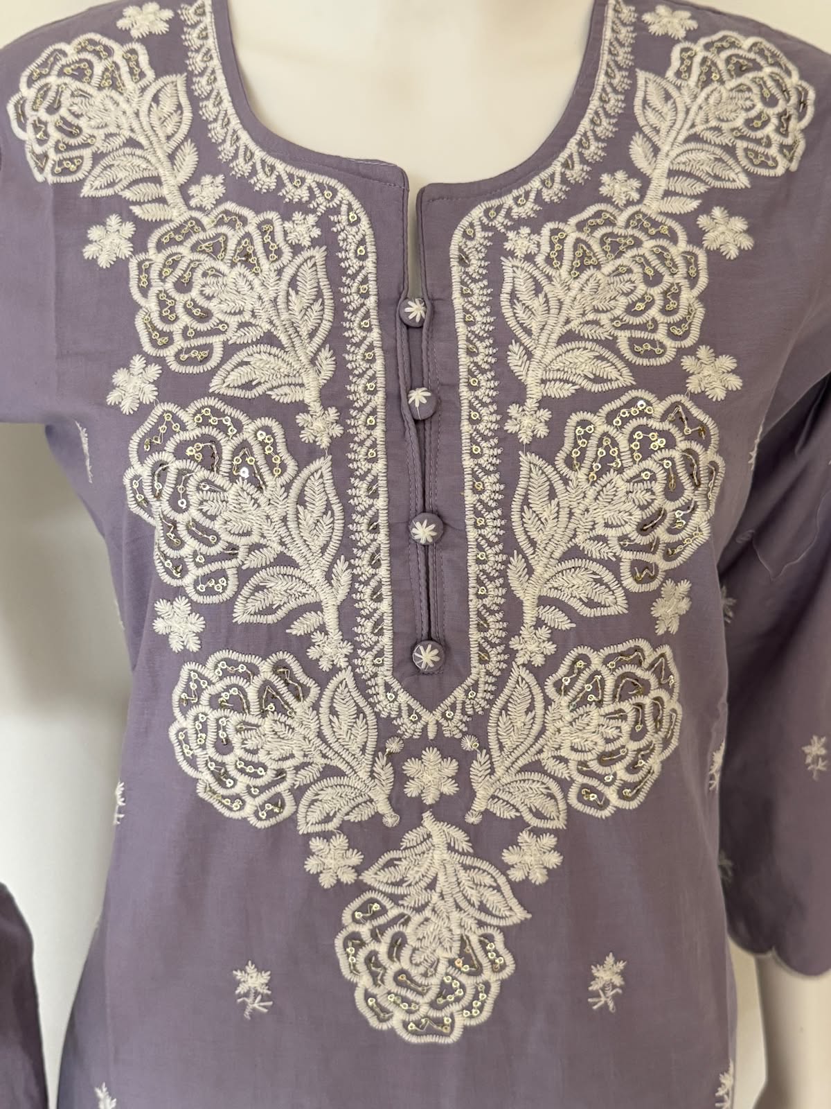 Pure Cotton Embroidered Straight Kurta 3-Piece Set with Dupatta – Lavender
