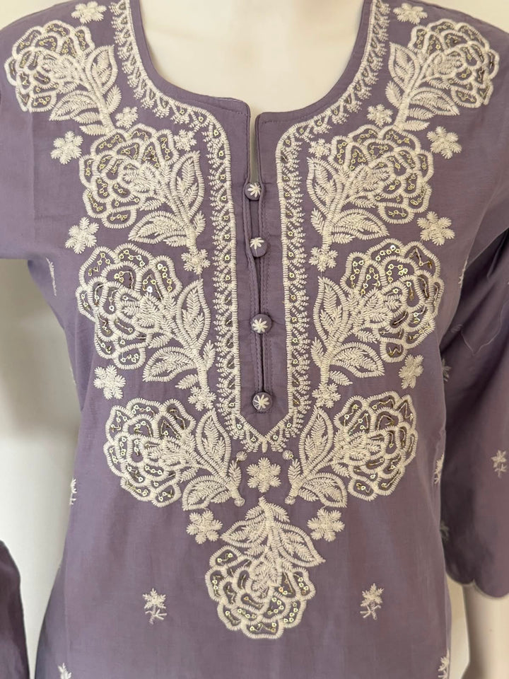 Pure Cotton Embroidered Straight Kurta 3-Piece Set with Dupatta – Lavender
