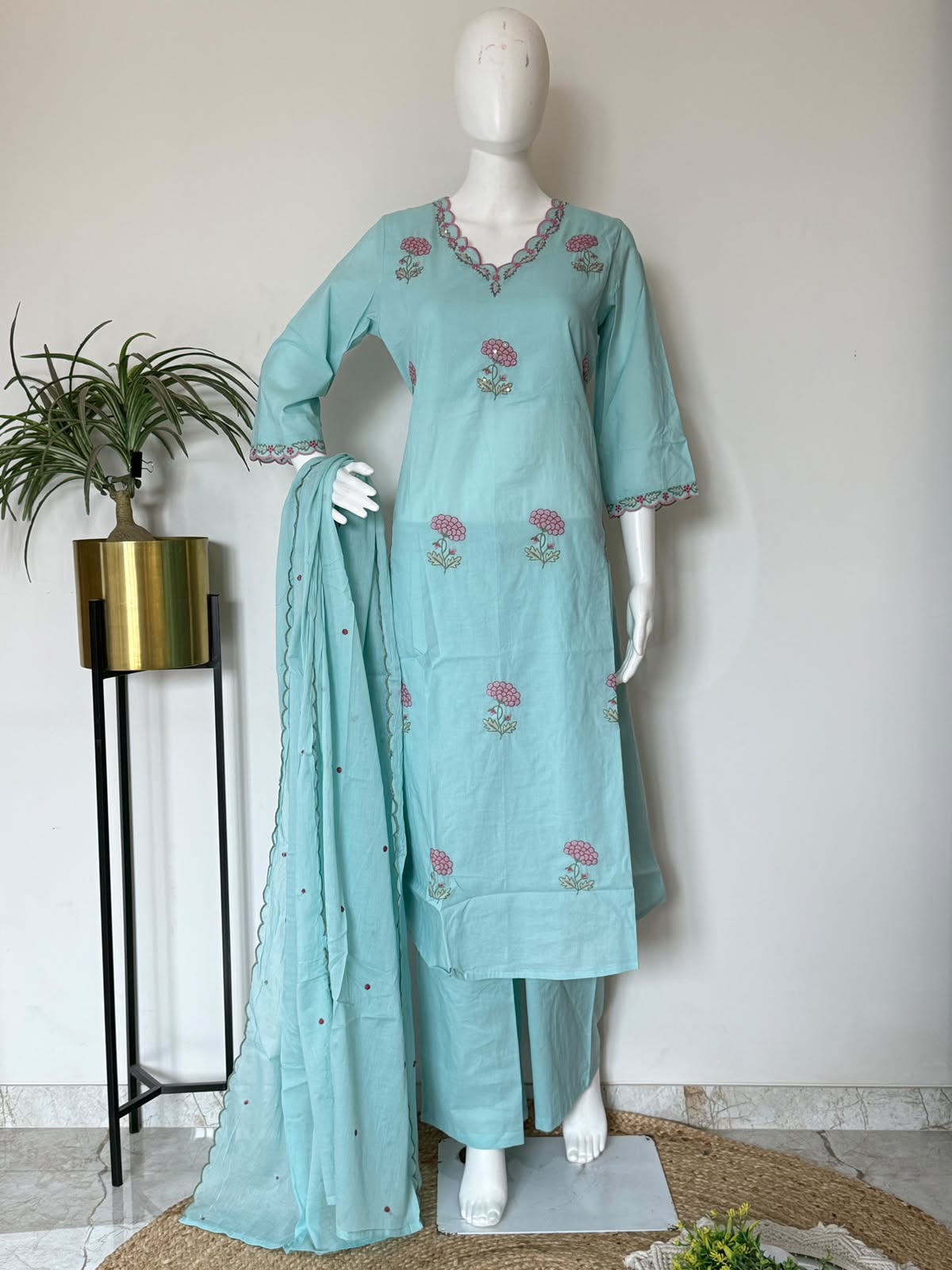 Pure Cotton Floral Embroidered Straight Kurta 3-Piece Set with Dupatta – Aqua Blue