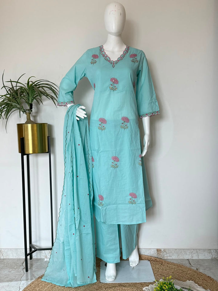 Pure Cotton Floral Embroidered Straight Kurta 3-Piece Set with Dupatta – Aqua Blue