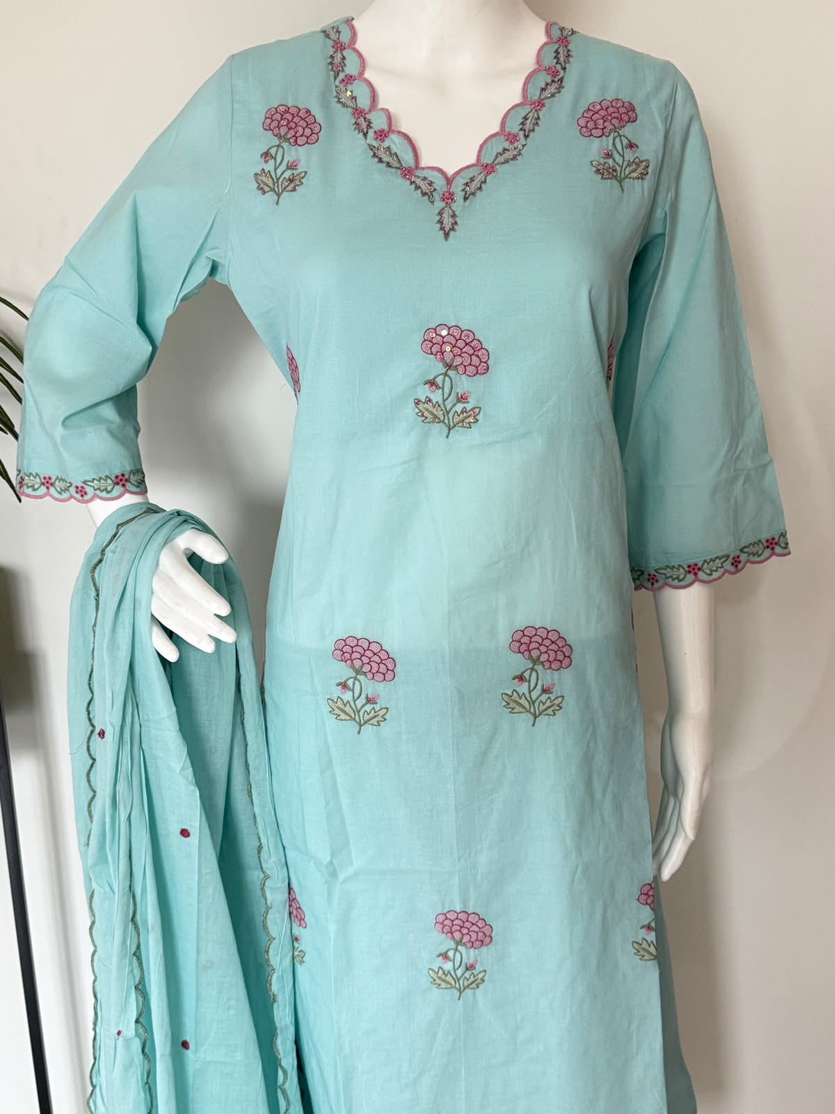 Pure Cotton Floral Embroidered Straight Kurta 3-Piece Set with Dupatta – Aqua Blue