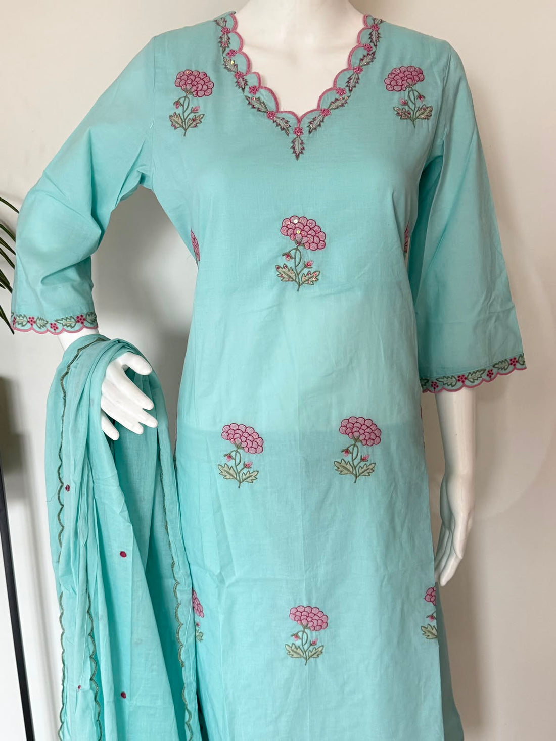 Pure Cotton Floral Embroidered Straight Kurta 3-Piece Set with Dupatta – Aqua Blue