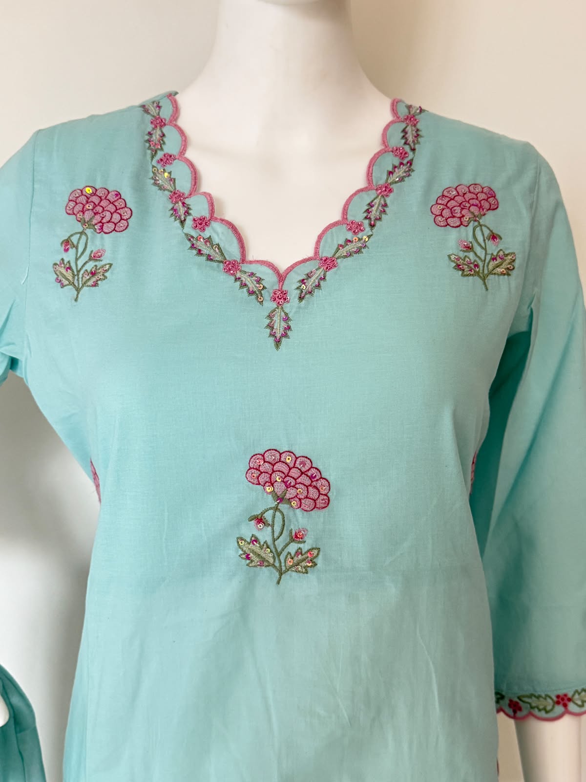 Pure Cotton Floral Embroidered Straight Kurta 3-Piece Set with Dupatta – Aqua Blue