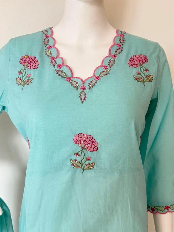Pure Cotton Floral Embroidered Straight Kurta 3-Piece Set with Dupatta – Aqua Blue