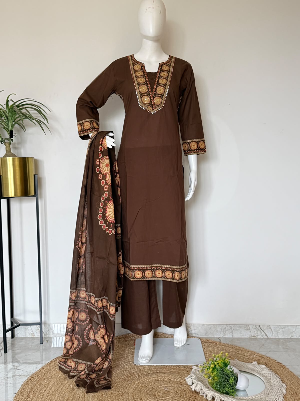 Pure Cotton Embroidered Straight Kurta 3-Piece Set with Dupatta – Chocolate Brown