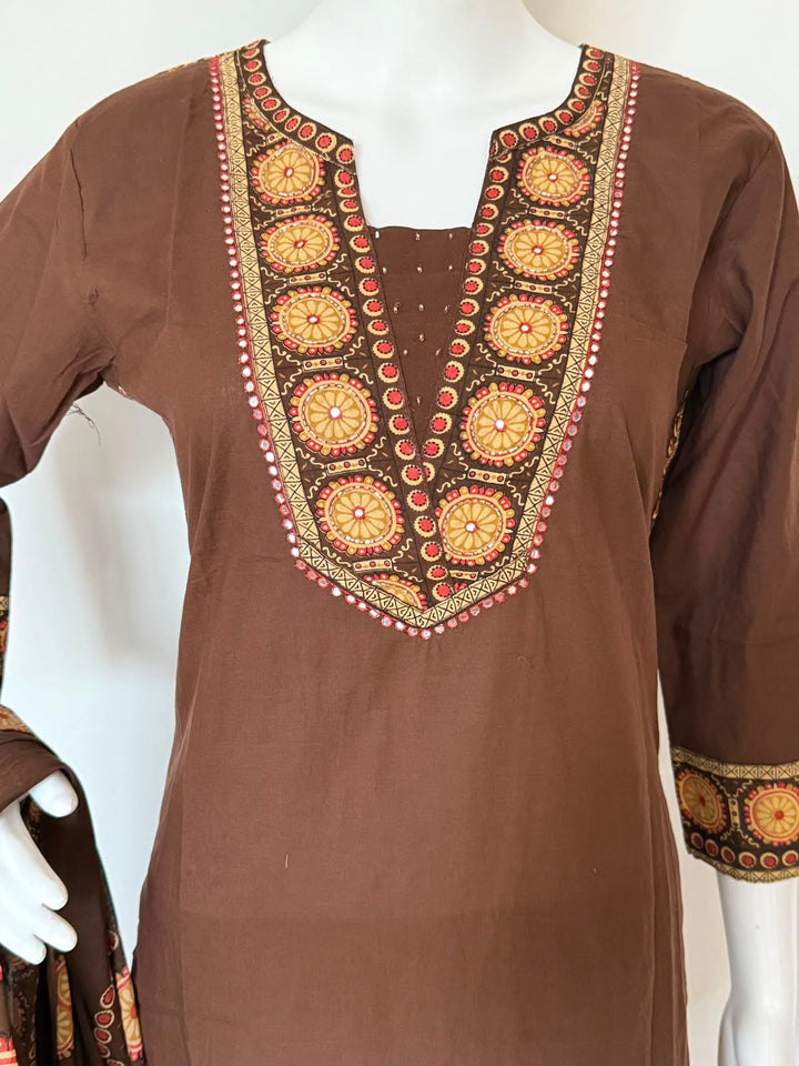 Pure Cotton Embroidered Straight Kurta 3-Piece Set with Dupatta – Chocolate Brown