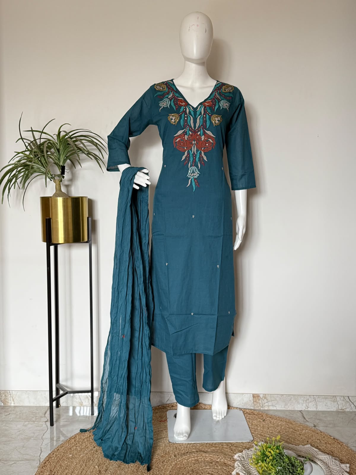 Pure Cotton Embroidered Straight Kurta 3-Piece Set with Dupatta – Teal Blue