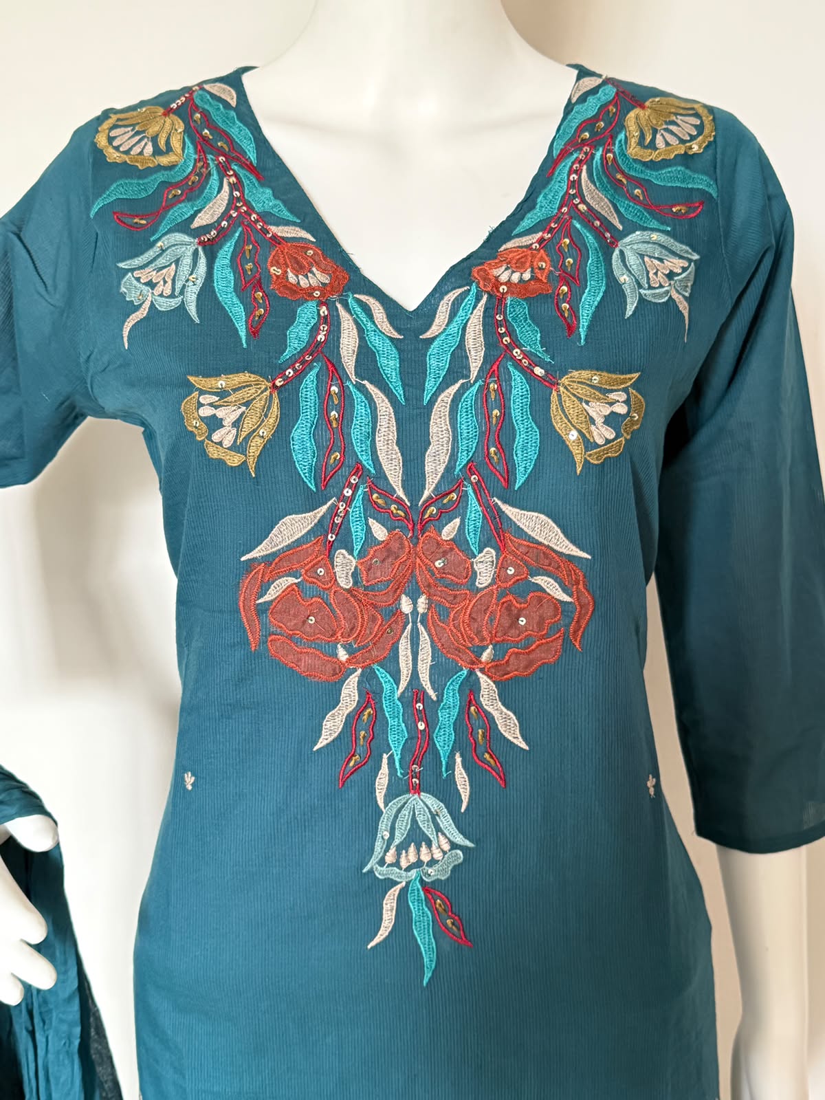 Pure Cotton Embroidered Straight Kurta 3-Piece Set with Dupatta – Teal Blue