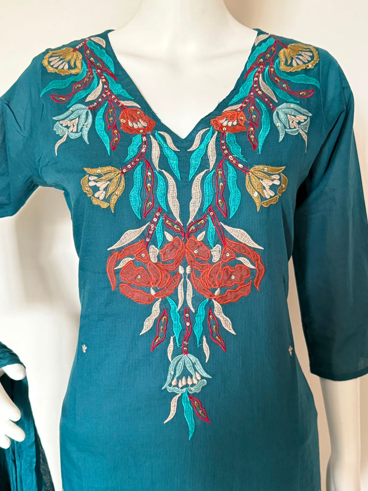Pure Cotton Embroidered Straight Kurta 3-Piece Set with Dupatta – Teal Blue
