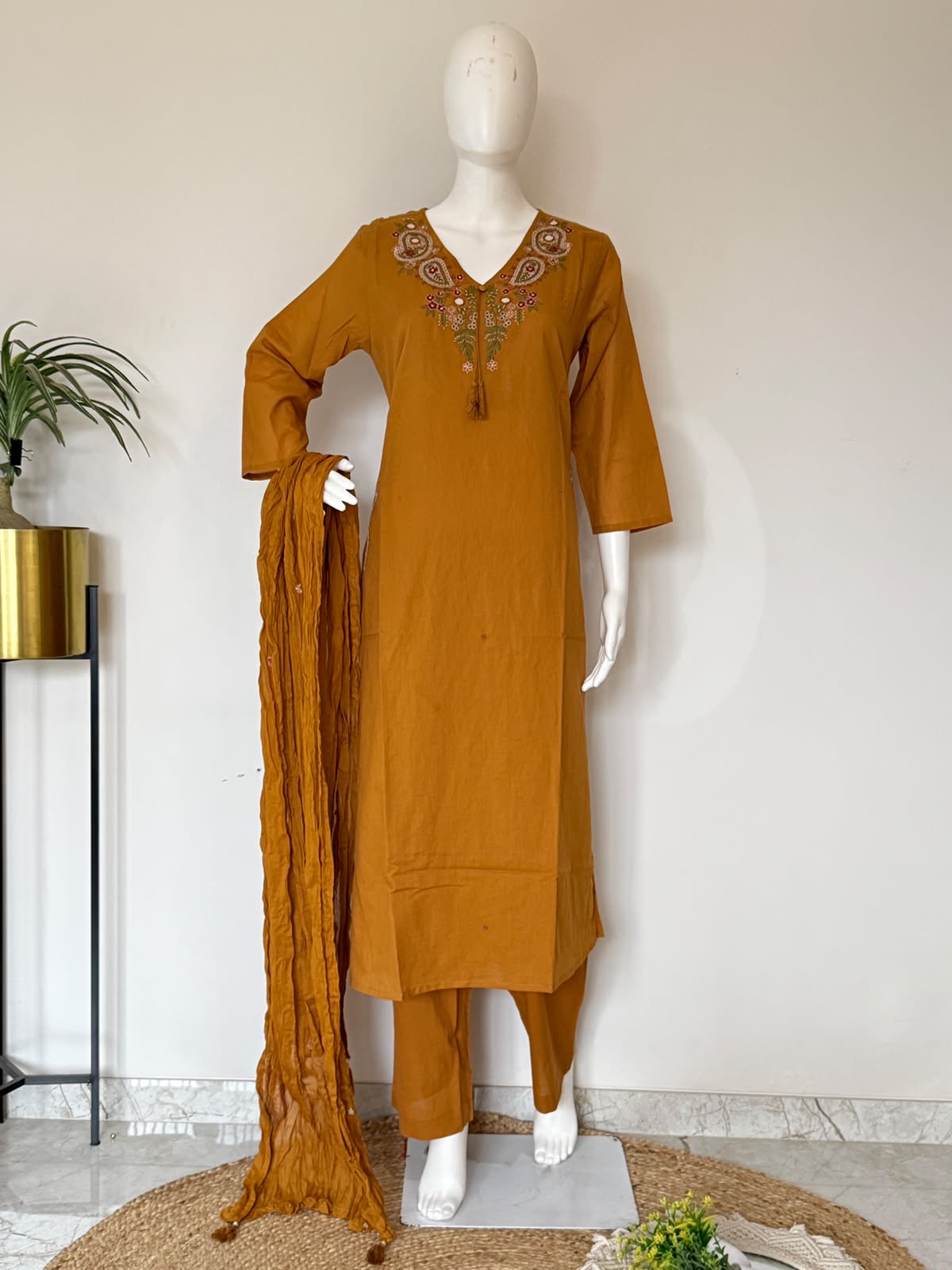 Pure Cotton Embroidered Straight Kurta 3-Piece Set with Dupatta – Mustard