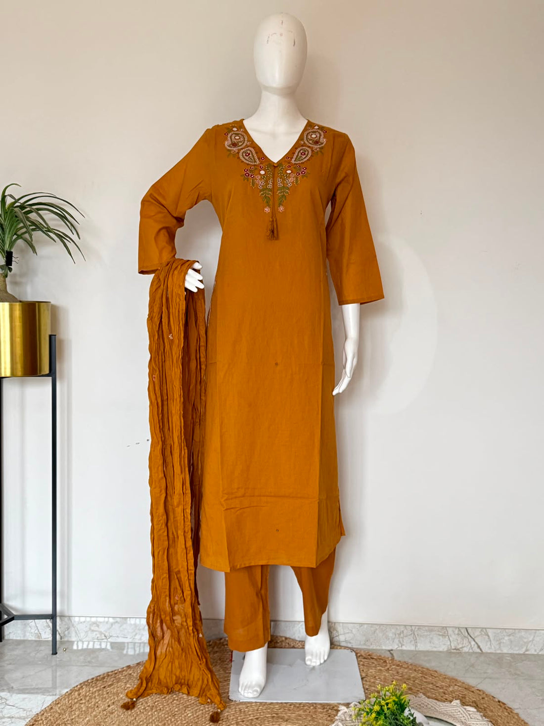 Pure Cotton Embroidered Straight Kurta 3-Piece Set with Dupatta – Mustard