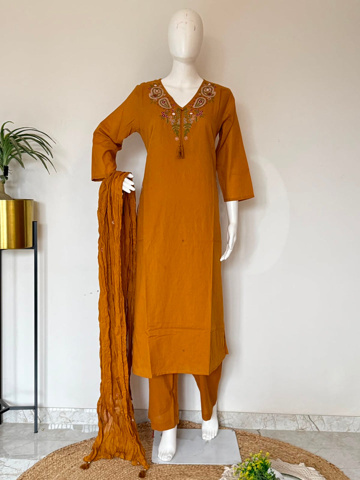 Pure Cotton Embroidered Straight Kurta 3-Piece Set with Dupatta – Mustard