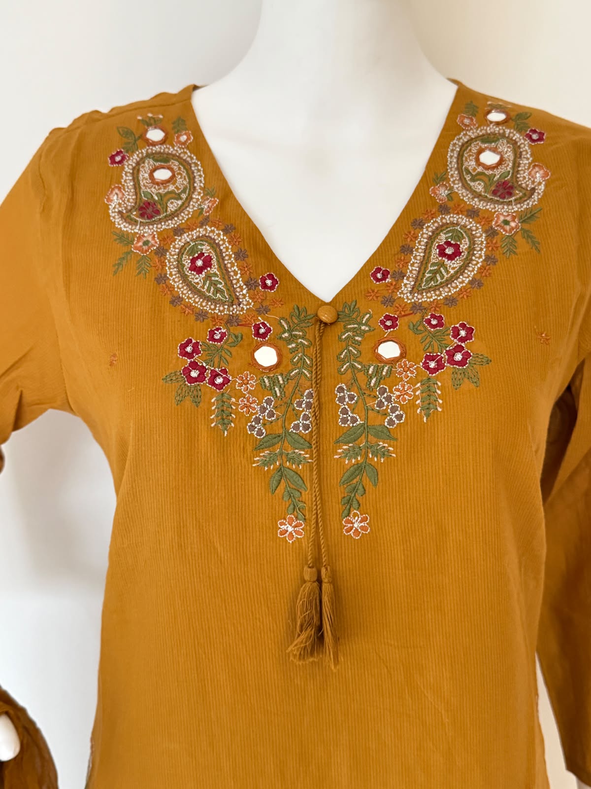 Pure Cotton Embroidered Straight Kurta 3-Piece Set with Dupatta – Mustard