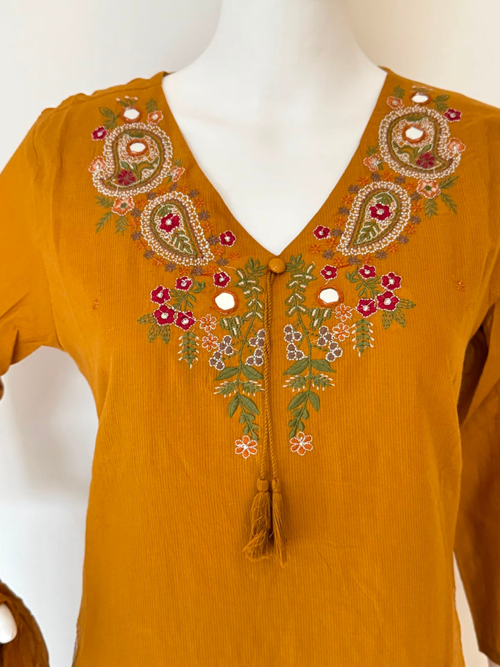 Pure Cotton Embroidered Straight Kurta 3-Piece Set with Dupatta – Mustard