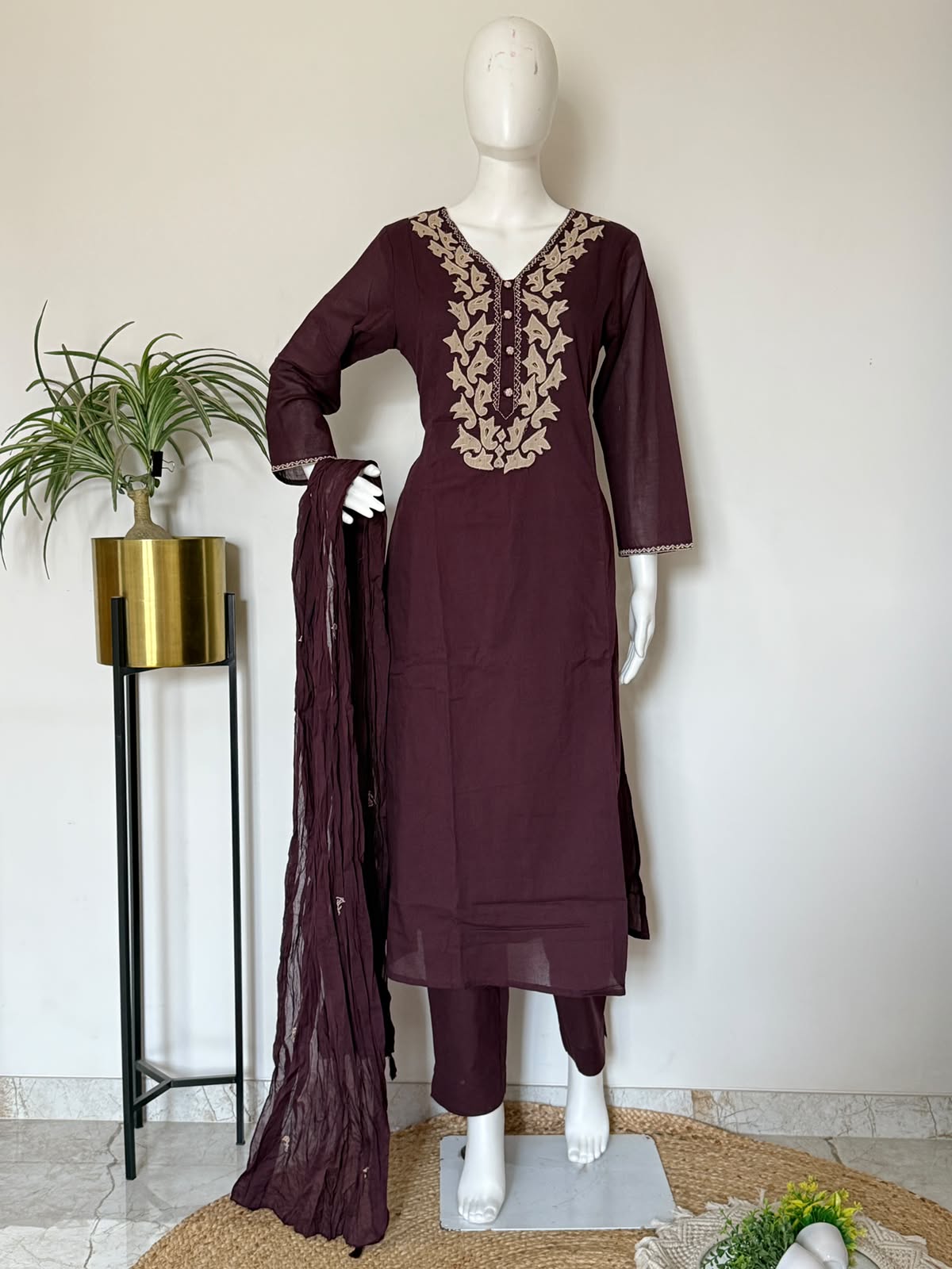 Pure Cotton Embroidered Kurta Pant Dupatta Set | Elegant Ethnic Suit Set