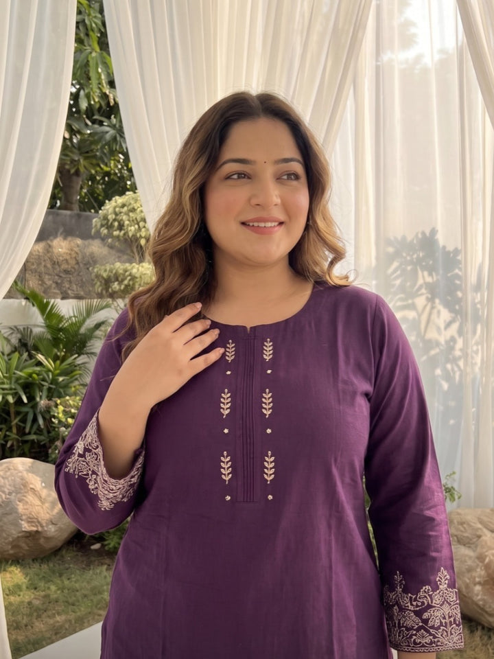 Pure Cotton 2 Pc Set – Embroidered Kurti & Pant | Plus Size