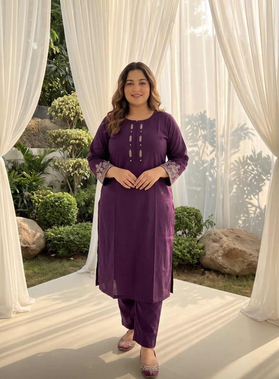 Pure Cotton 2 Pc Set – Embroidered Kurti & Pant | Plus Size