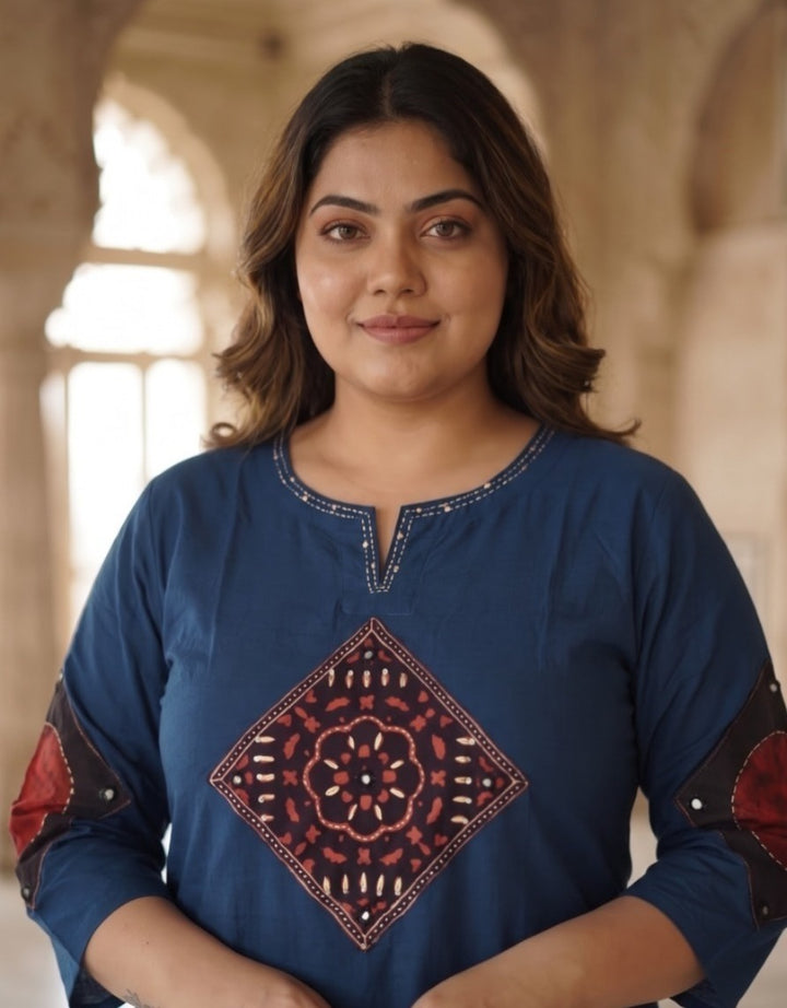 Pure Cotton 2 Pc Set with Ajrakh Patch Detailing – Plus Size