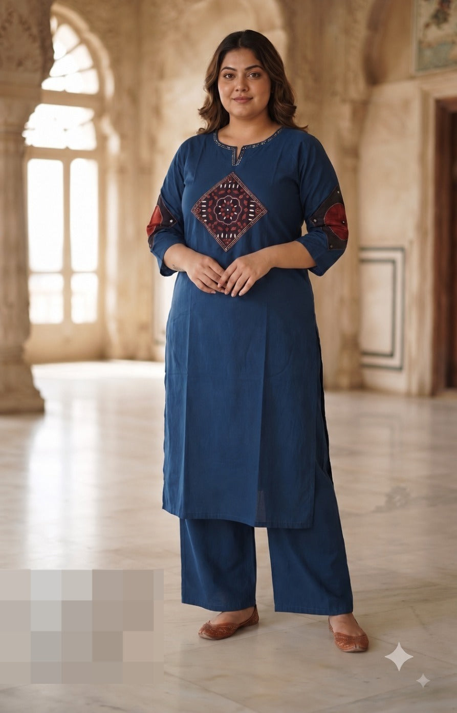 Pure Cotton 2 Pc Set with Ajrakh Patch Detailing – Plus Size