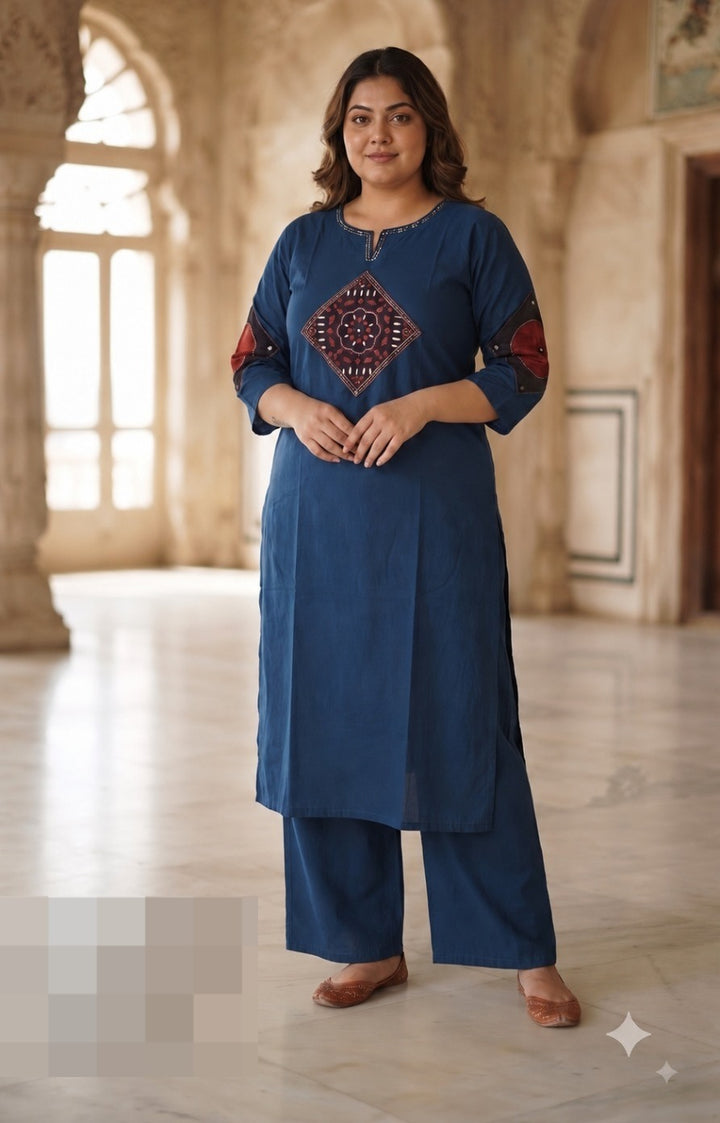 Pure Cotton 2 Pc Set with Ajrakh Patch Detailing – Plus Size