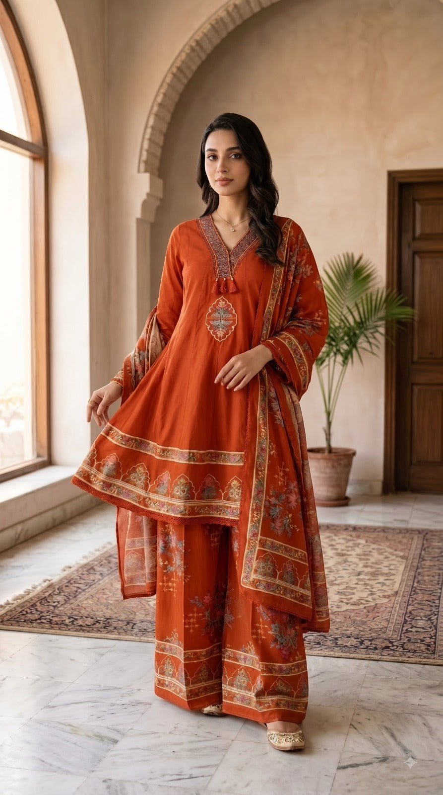 Embroidery & Applique Cotton 3 Pc Set with Dupatta