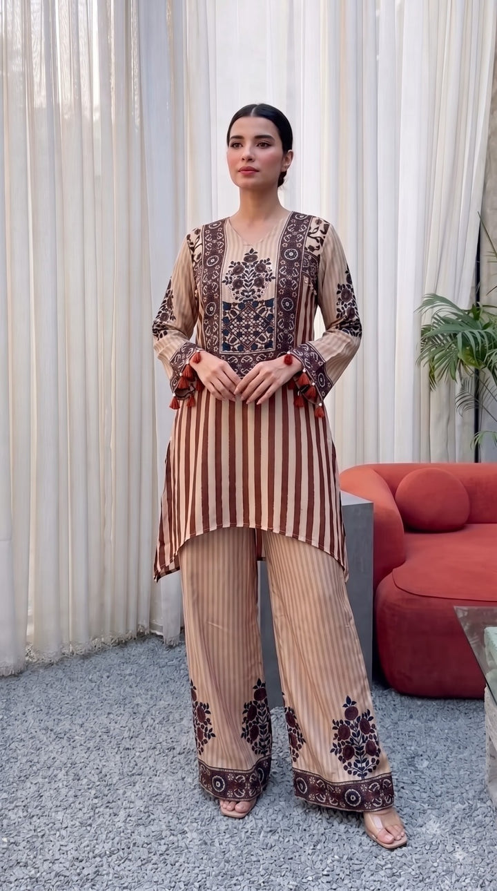Premium Crape Cord Set with Metal Detailing | Printed Kurta & Palazzo Set