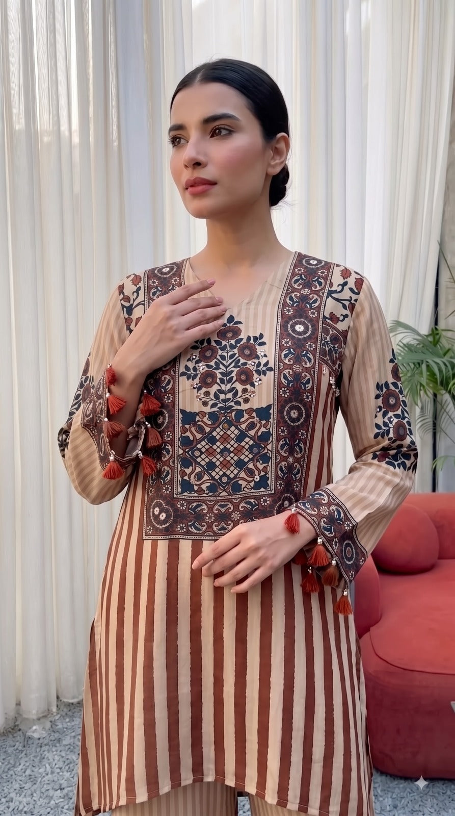 Premium Crape Cord Set with Metal Detailing | Printed Kurta & Palazzo Set
