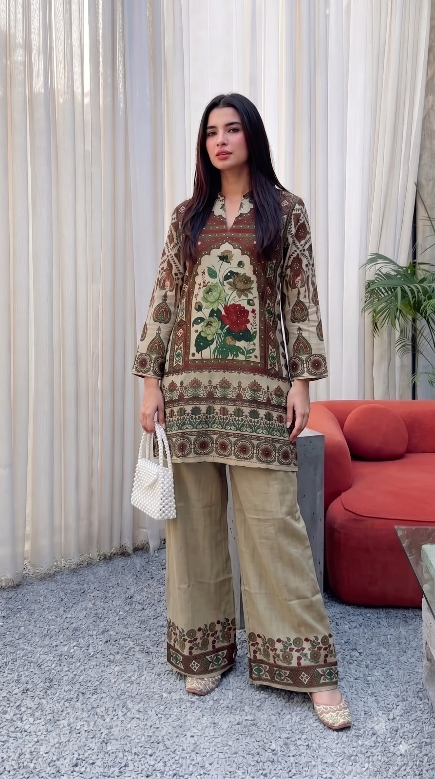 Premium Crape Cord Set with Metal Detailing | Printed Kurta & Palazzo Set