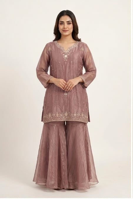 Pure Glass Tissue Short Kurti Set with Divider Pants & Dupatta | Designer Ethnic Party Wear