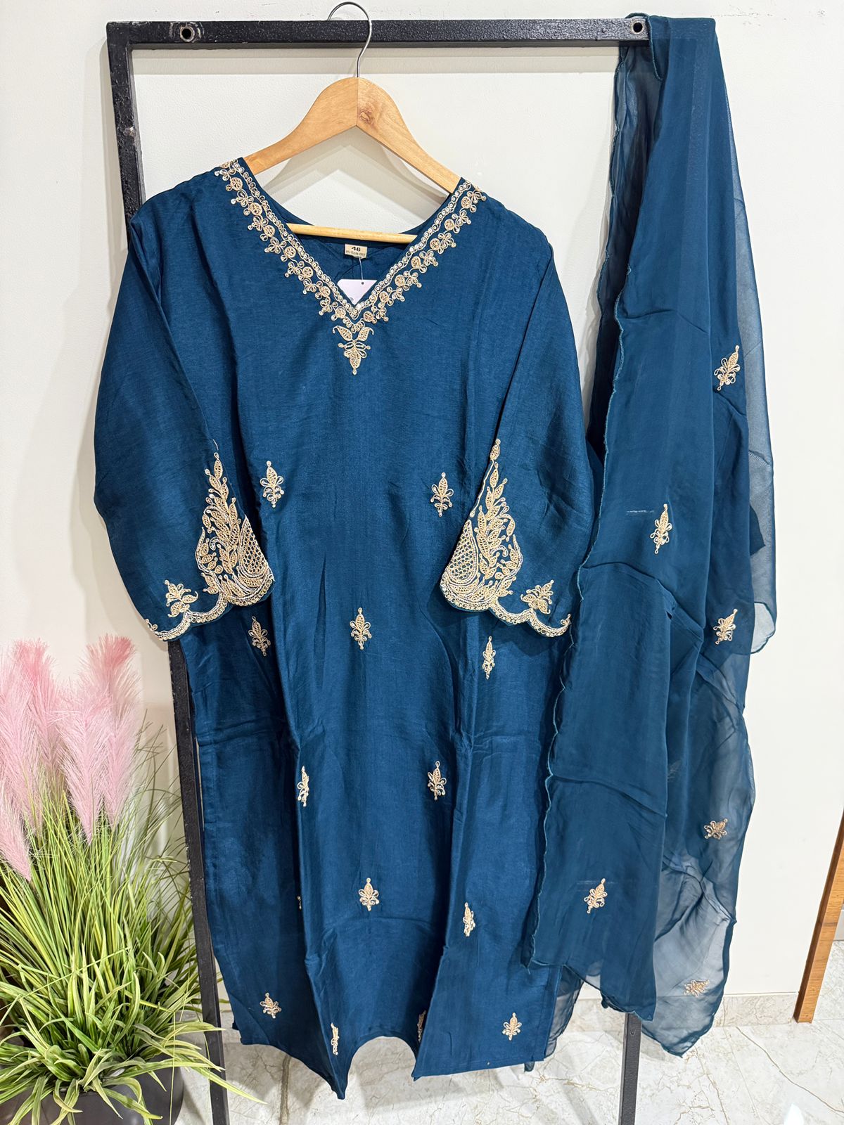 Teal Blue Embroidered Kurti Set with Dupatta | Premium Festive Wear