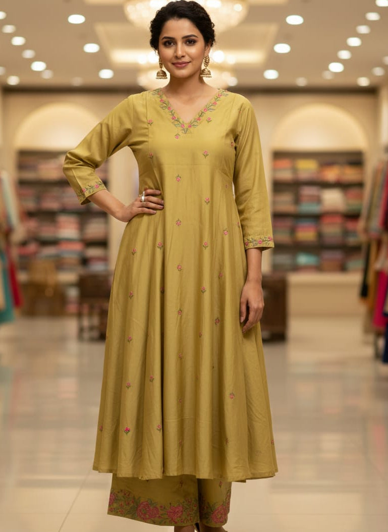 Woman wearing a yellow traditional outfit in a store setting